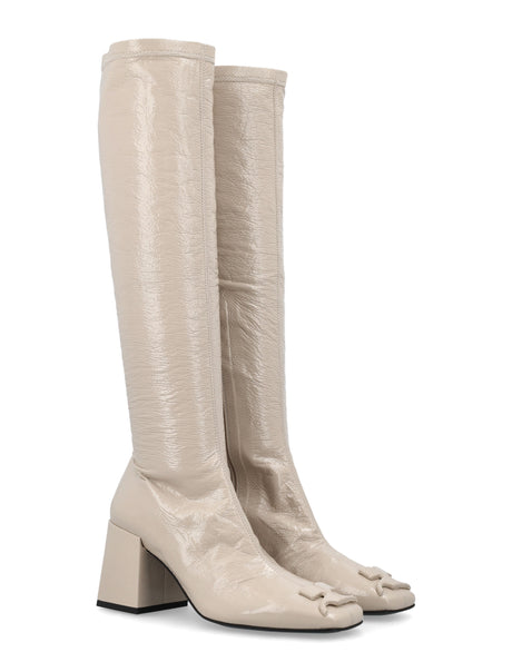 COURREGÈS Chic Stretch Vinyl Knee-High Boots with Square Heel