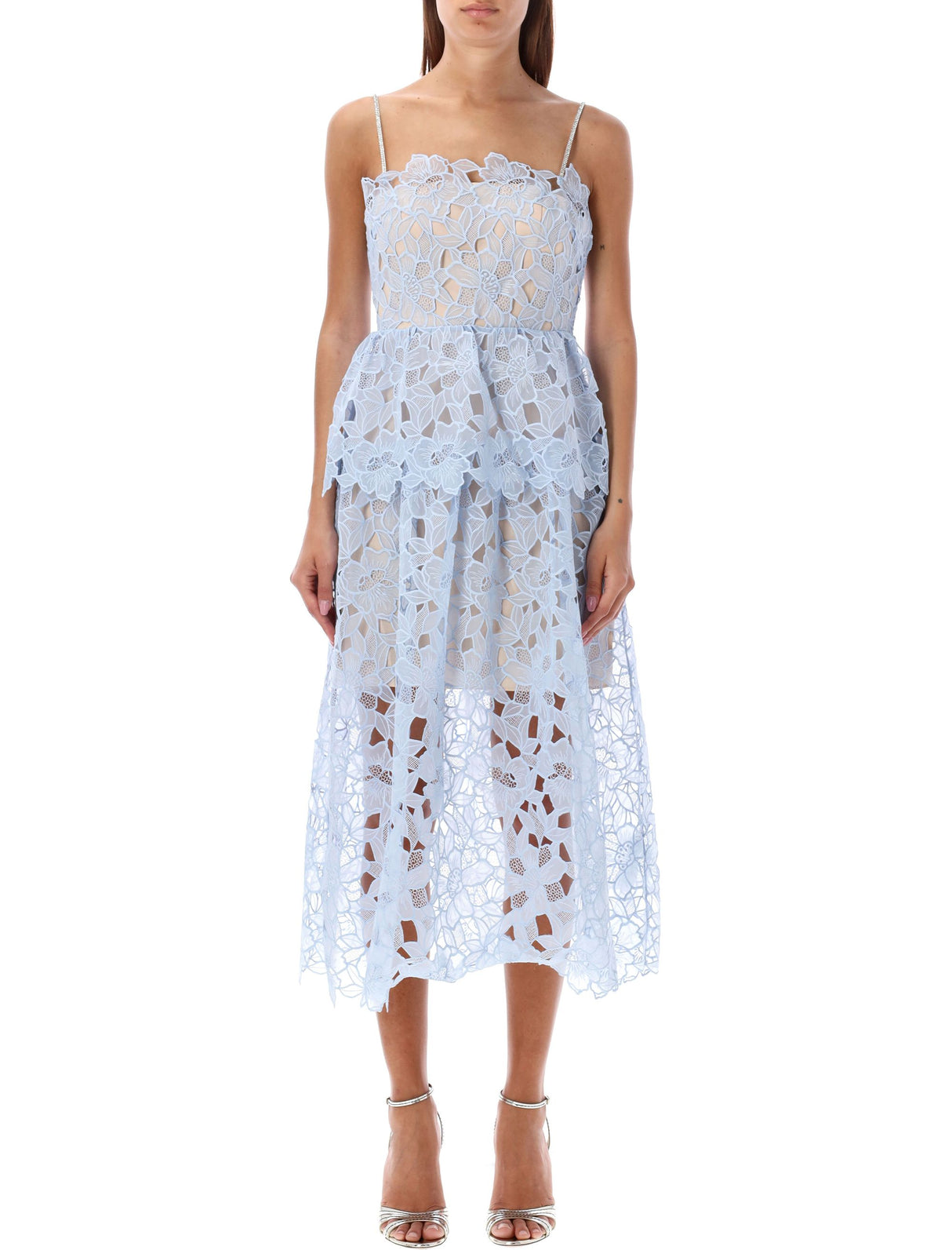 SELF-PORTRAIT Elegant Light Blue Lace Midi Dress