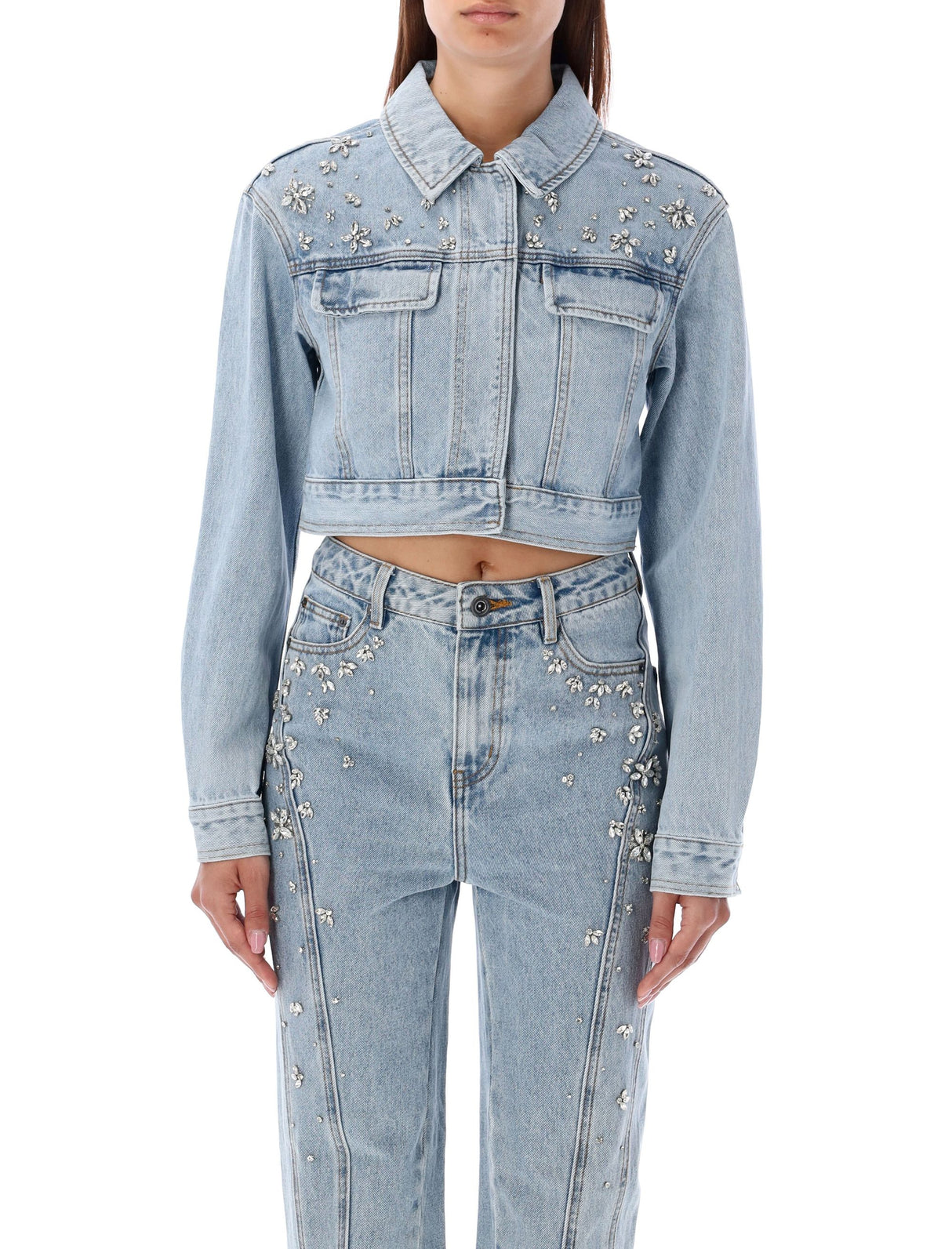 SELF-PORTRAIT Chic Light Blue Denim Cropped Jacket with Crystal Embellishments