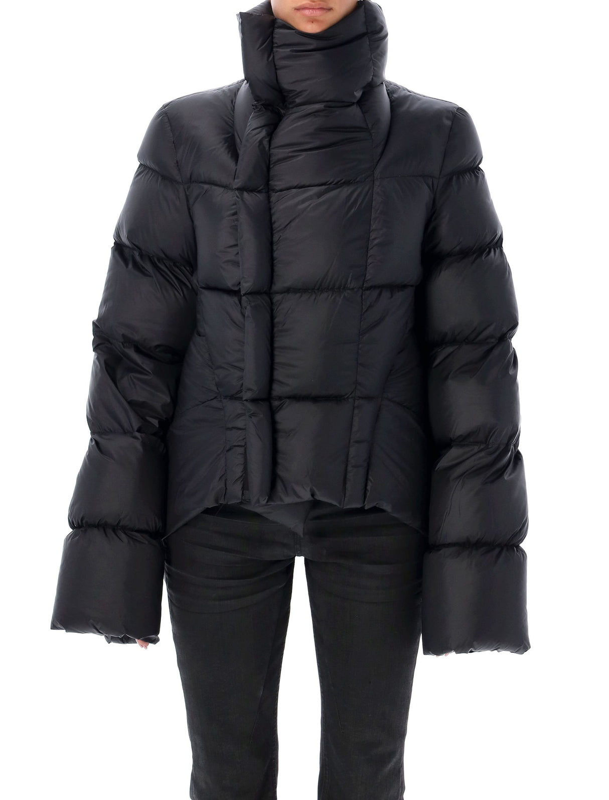 RICK OWENS Asymmetrical Quilted Down Jacket with Oversized Collar