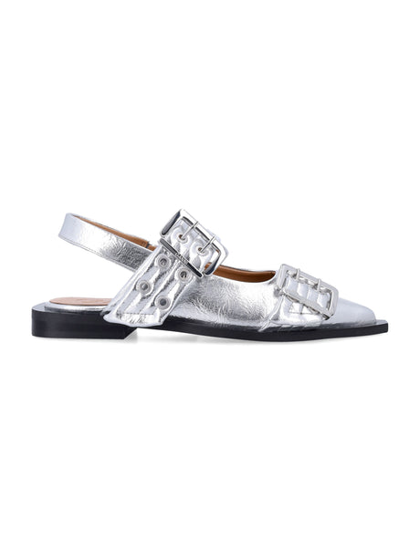 GANNI Feminine Buckle Ballerinas with Squared Block Heels