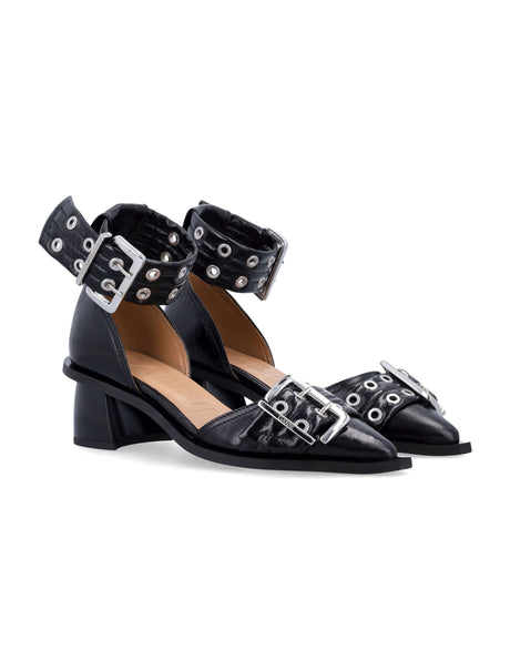 GANNI Feminine Buckle Open Cut Pumps with Block Heel