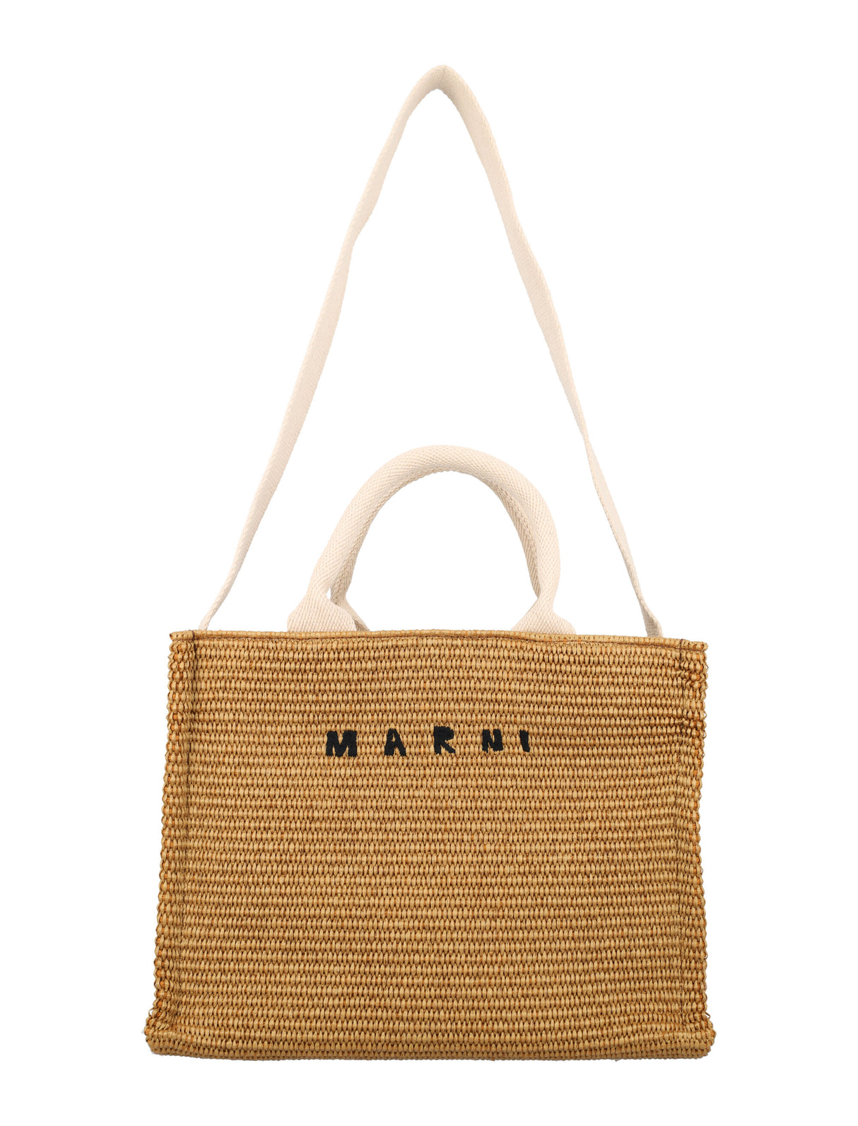 MARNI Small Raffia Tote with Embroidered Logo - 9x12.5x5 Inches