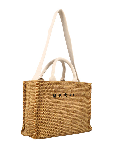 MARNI Small Raffia Tote with Embroidered Logo - 9x12.5x5 Inches