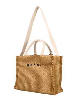 MARNI Small Raffia Tote with Embroidered Logo - 9x12.5x5 Inches