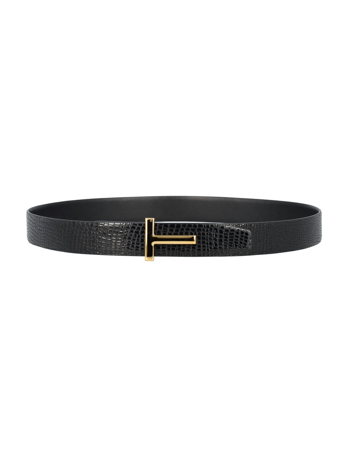 TOM FORD Reversible Textured Lizard Leather Belt with Gold-Tone T Buckle, 3.5 cm