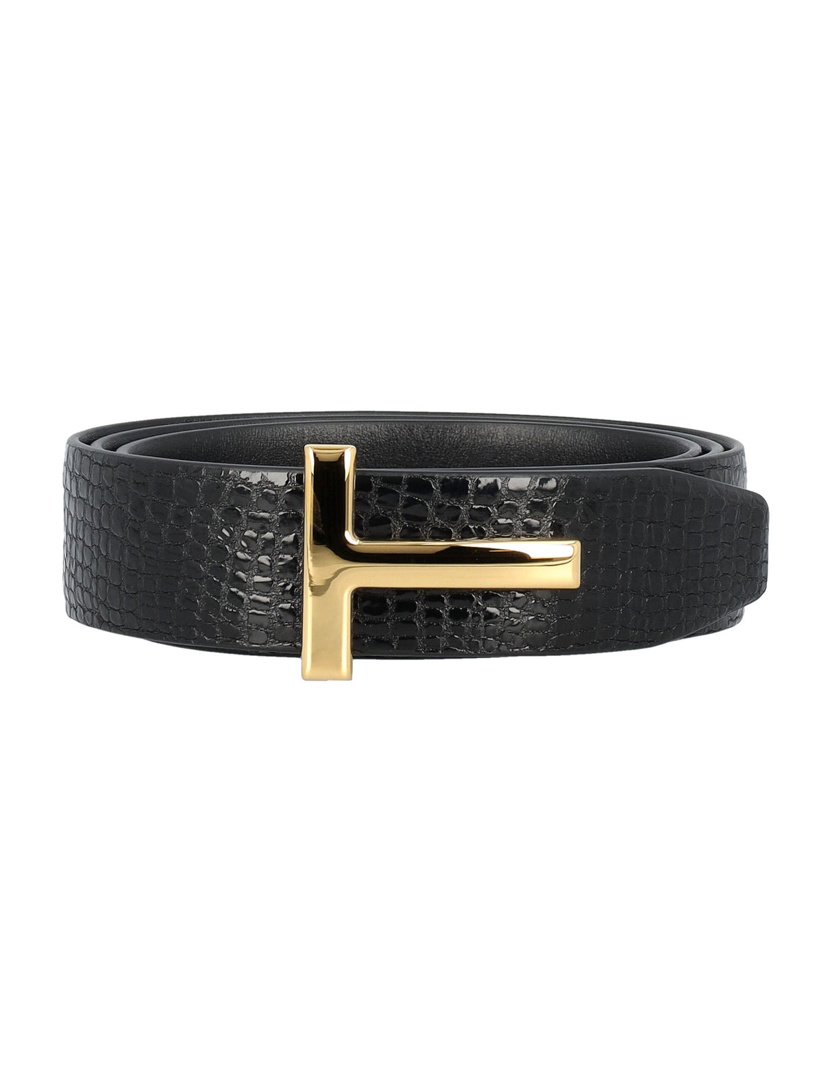 TOM FORD Reversible Textured Lizard Leather Belt with Gold-Tone T Buckle, 3.5 cm