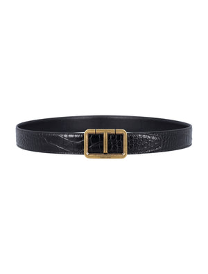 TOM FORD Luxury Crocodile-Embossed Leather Belt with Gold Buckle, 3cm