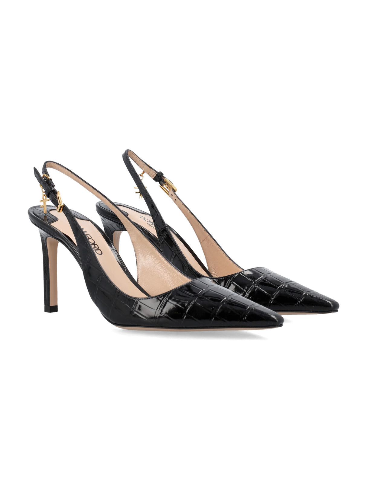 TOM FORD Elegant Croc-Embossed Leather Slingback Heels with Gold Accents, 9.5cm Heel