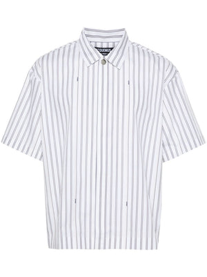 JACQUEMUS Short Sleeve Cotton Shirt in Bright Blue Stripe