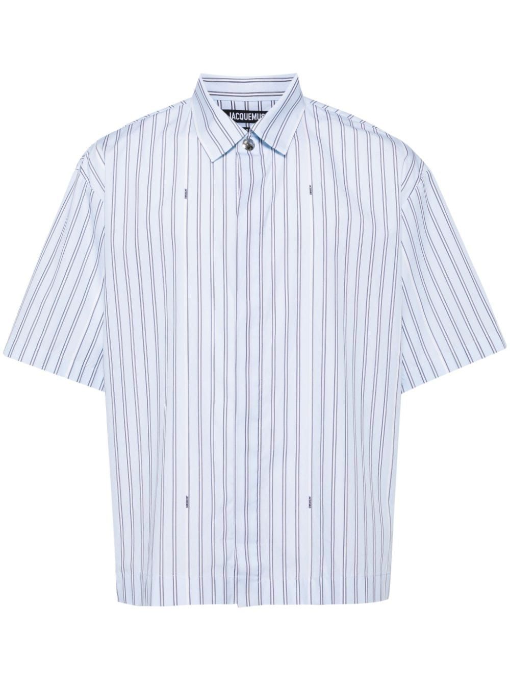 JACQUEMUS Short Sleeve Cotton Shirt in Bright Blue Stripe