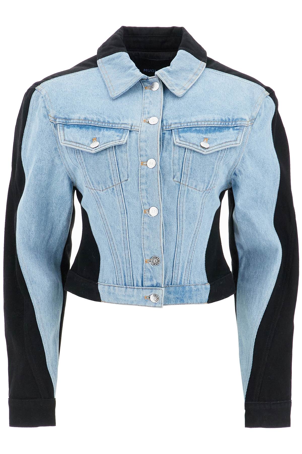 MUGLER Two-Tone Denim Jacket with Padded Shoulders - Size 36