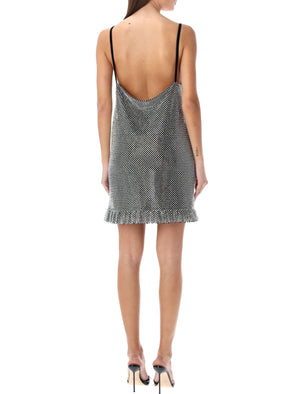 فستان مصنوع من الحجارة الكريستالية الفضية مع ظهر مطوي وأحزمة من الفيلفيت