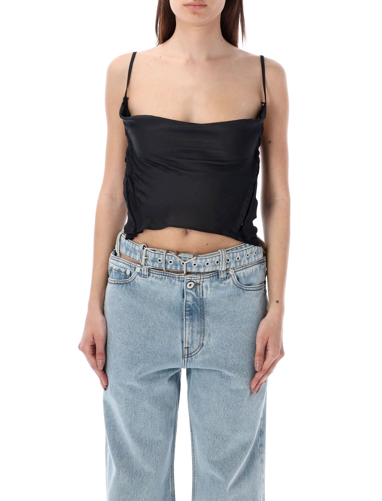 Y/PROJECT Black Hook and Eye Top with Adjustable Straps and Cropped Hem