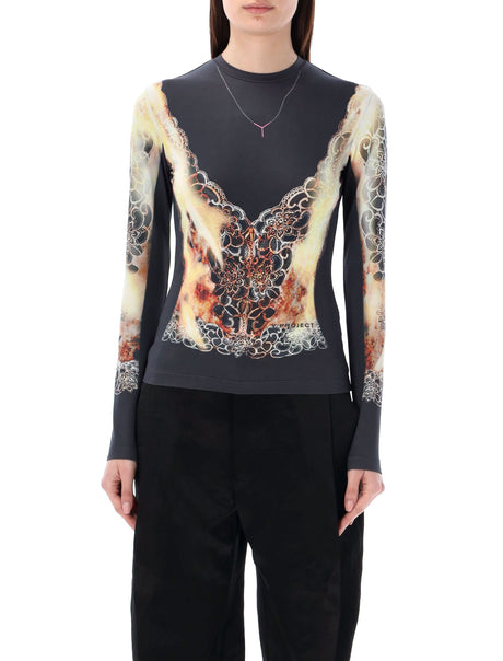 Y/PROJECT Lace Print Long Sleeve Stretch Top for Women in Black