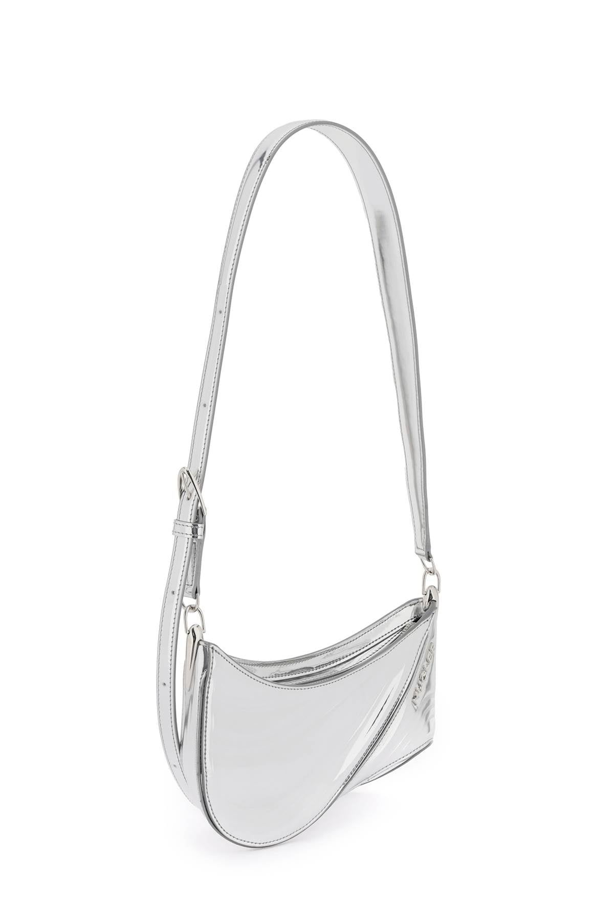 MUGLER Small Spiral Curve 01 Gray Laminated Faux Leather Crossbody Handbag with Suede Interior and Adjustable Strap