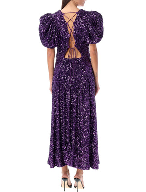 ROTATE BIRGERCHRISTENSEN Purple Sequined Dress with Puffy Sleeves and Open Back