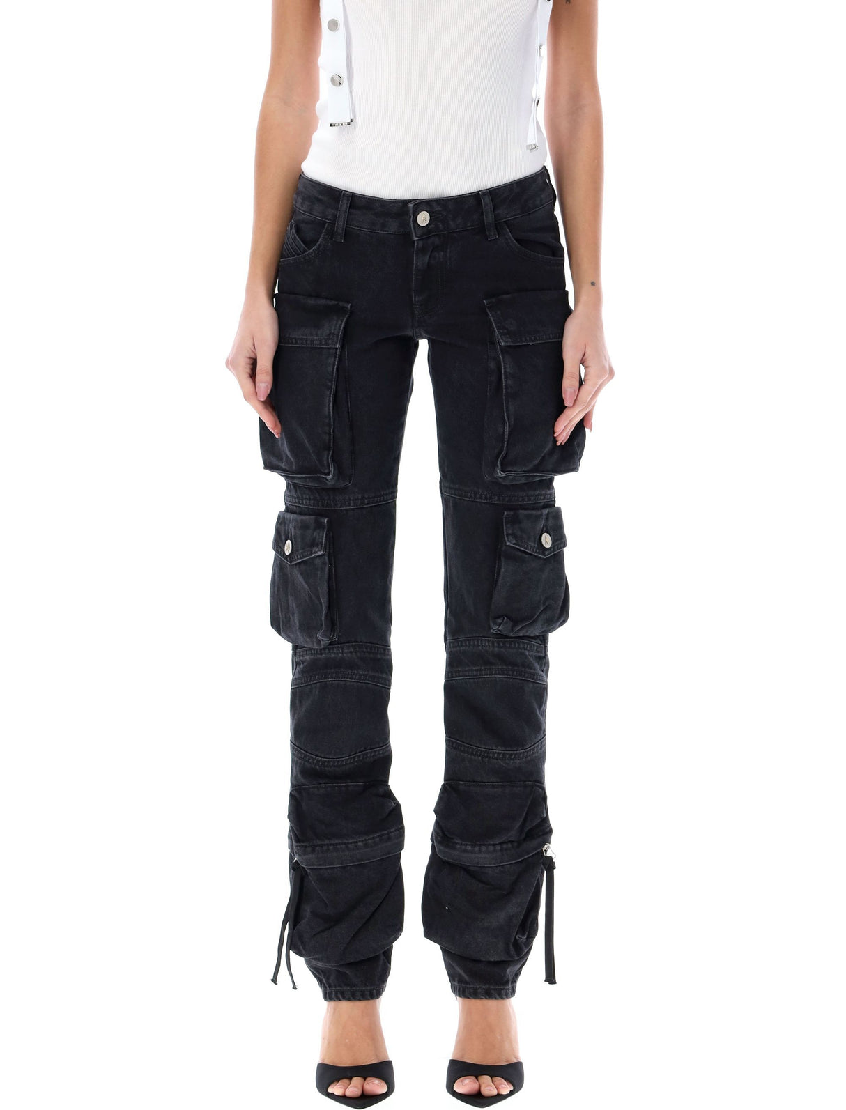 Womens Low Waist Cargo Jeans with Embroidered Logo and Skinny Fit