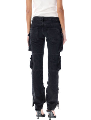 نسائية جينز كارجو أسود - خصر منخفض، مقاس ضيق، جيوب متعددة، شعار مطرز، مقاس 25