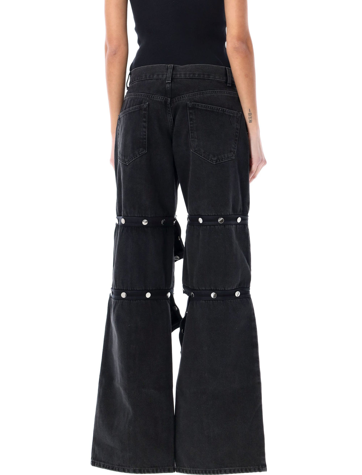 THE ATTICO Black Wide Leg Jeans with Trim Details and Logo Snaps