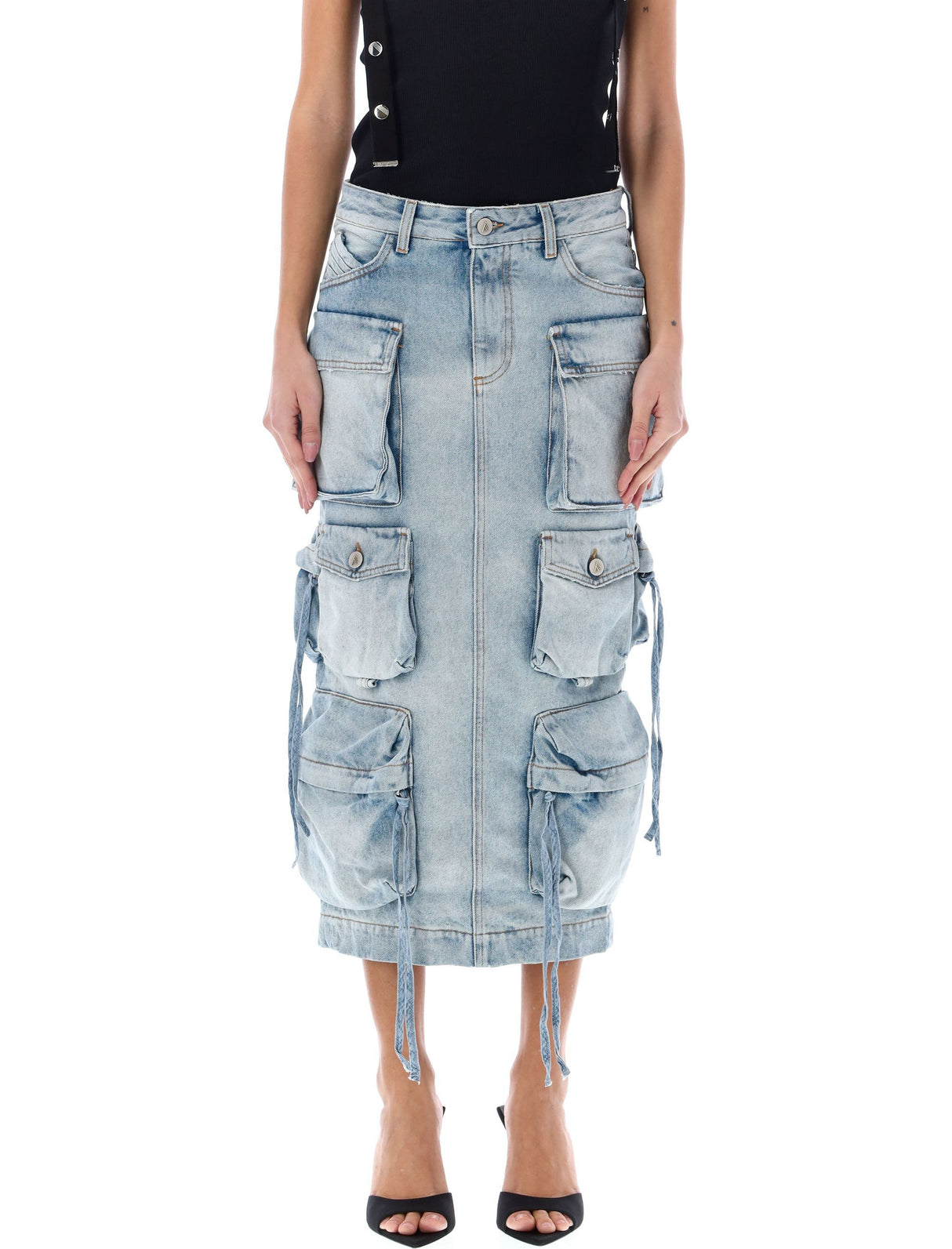 Denim Cargo Midi Skirt - Sky Blue