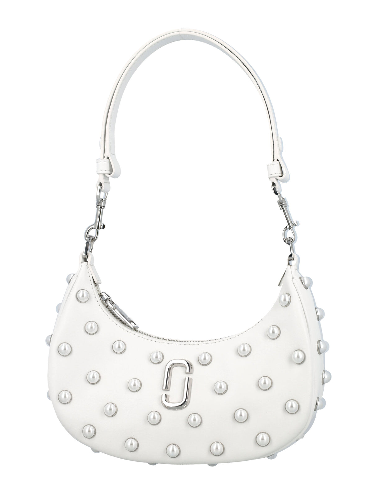 MARC JACOBS Mini Curve Pearl White Leather Crossbody Bag with Faux Pearl Accents