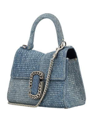 MARC JACOBS Mini Denim Crystal Top Handle Bag with Crossbody Chain, Light Blue - 15x19x8 cm