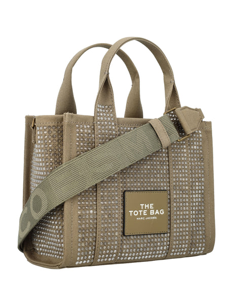 MARC JACOBS Small Crystal-Embellished Canvas Tote Bag in Slate Green with Top Handles and Zip Closure, 21x26x13 cm