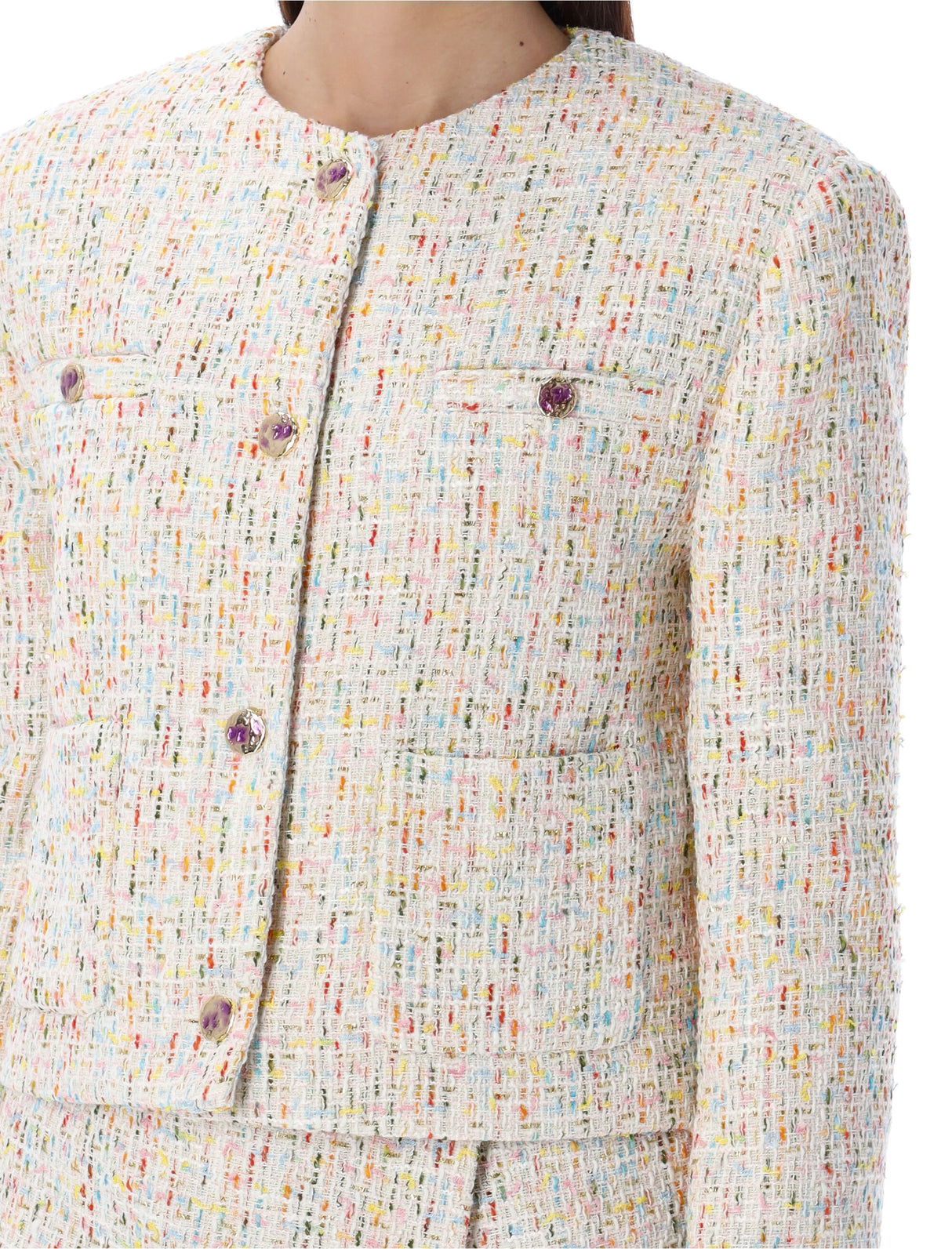 MSGM White Multicolor Tweed Cropped Jacket for Women - SS24