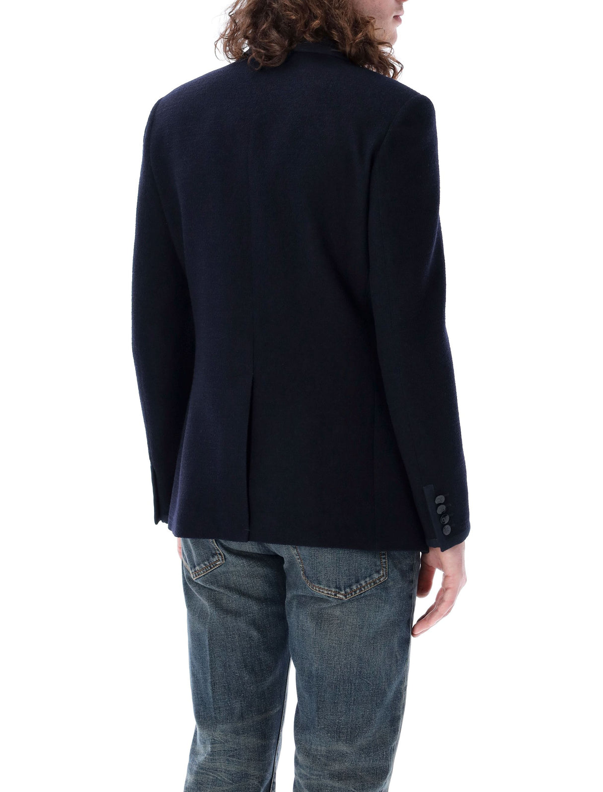 Navy Bouclé Wool Jacket - Slim Fit Double-Breasted Vロゴジャケット