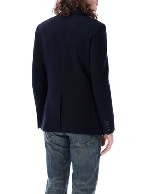 Navy Bouclé Wool Jacket - Slim Fit Double-Breasted Vロゴジャケット