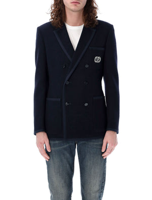 Navy Bouclé Wool Jacket - Slim Fit Double-Breasted Vロゴジャケット