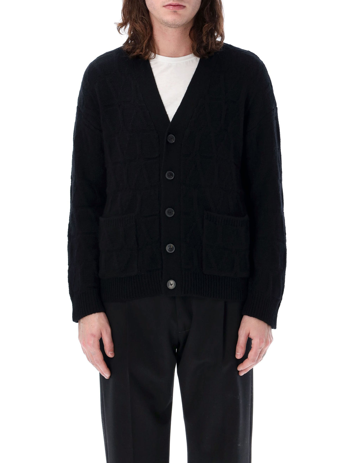 VALENTINO GARAVANI Iconic Black Jaquard Cardigan for Men with Toile Iconographe Pattern