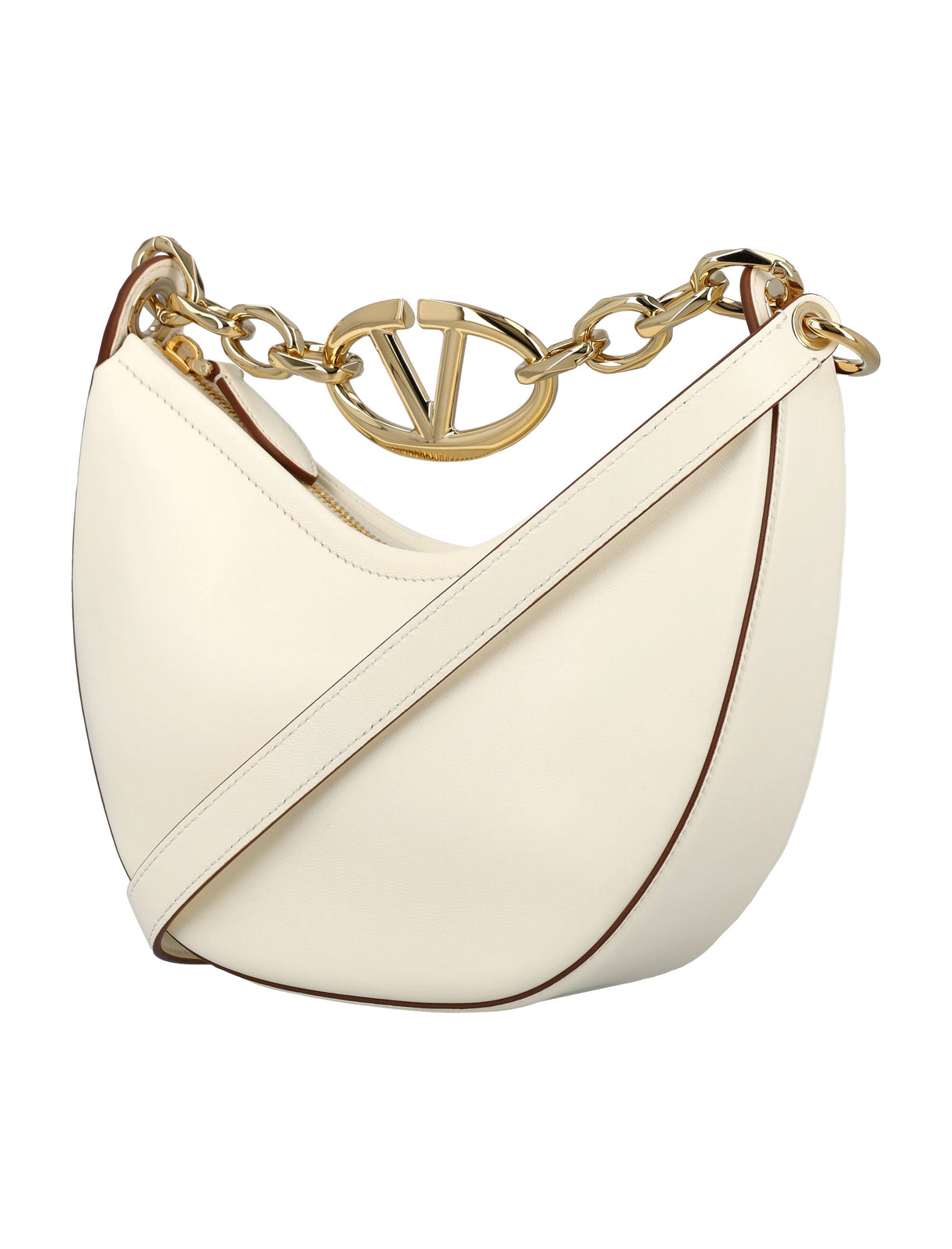VALENTINO GARAVANI Mini VLogo Moon Hobo Chain Handbag in White Lamb Leather with Adjustable Strap, 16x21x7 cm