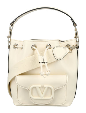 Ivory Calfskin Bucket Handbag with Drawstring Closure for Women