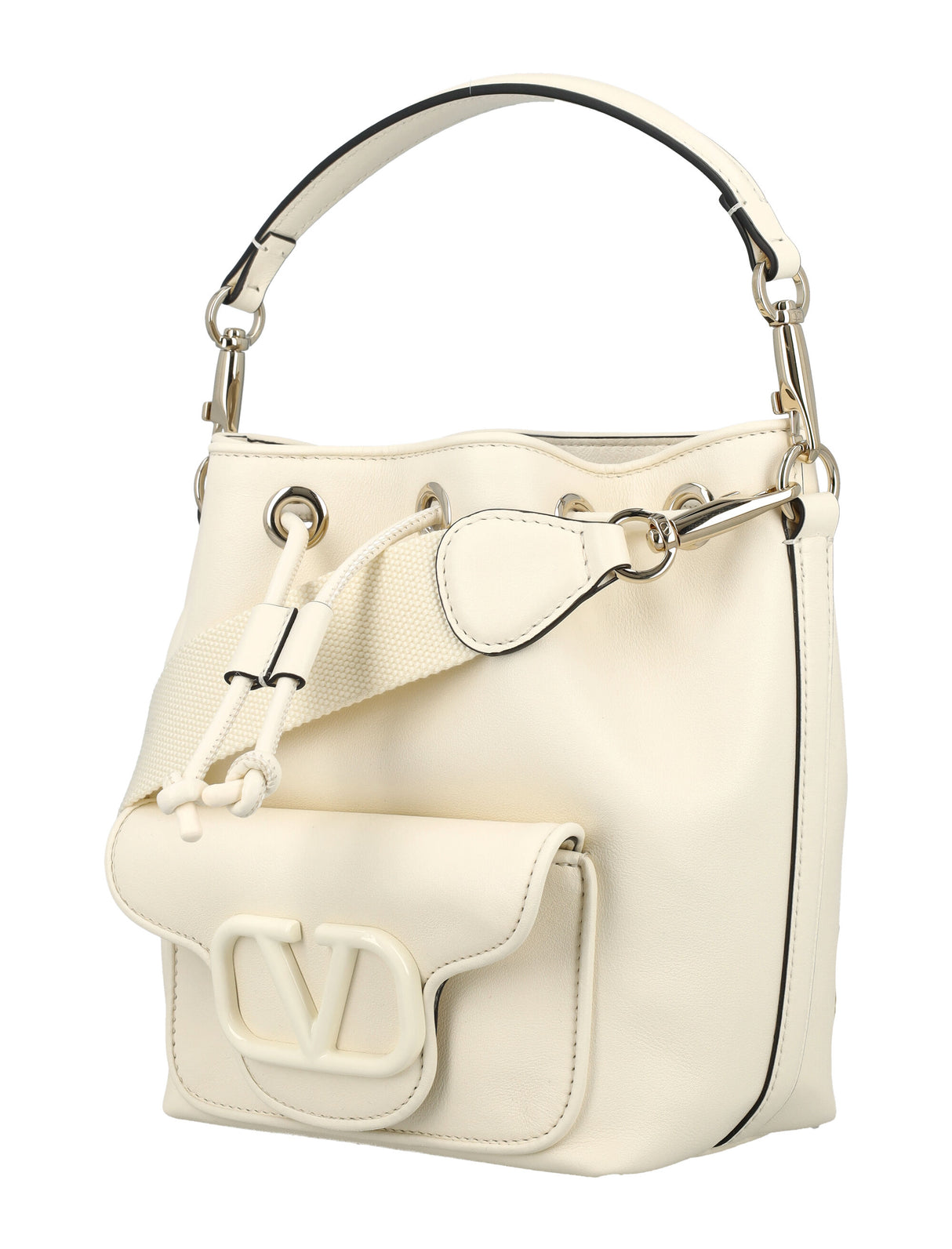 粉象牛皮斜挎手提桶包 - 白色 (Ivory Calfskin Bucket Handbag)