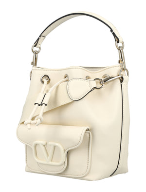 Ivory Calfskin Bucket Handbag with Drawstring Closure for Women