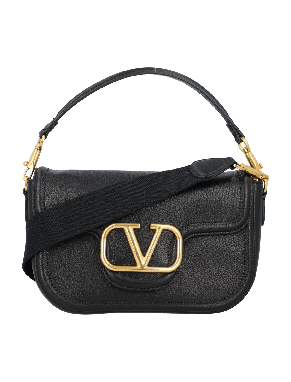 Black Leather Foldover Shoulder Handbag for Women with Metallic VLogo Signature