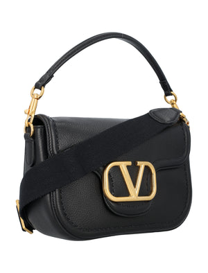 Black Leather Foldover Shoulder Handbag for Women with Metallic VLogo Signature
