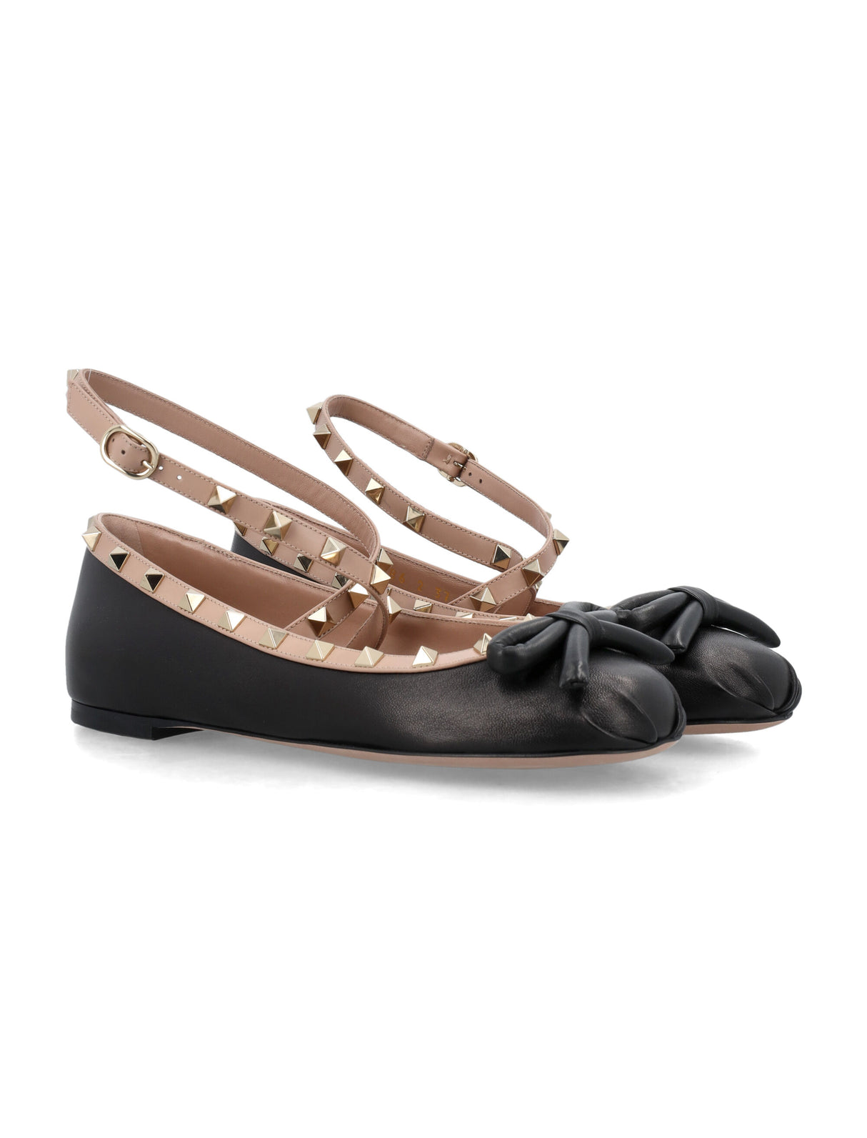 Women's Studded Leather Ballerina Flats with Bow Detail and Adjustable Strap