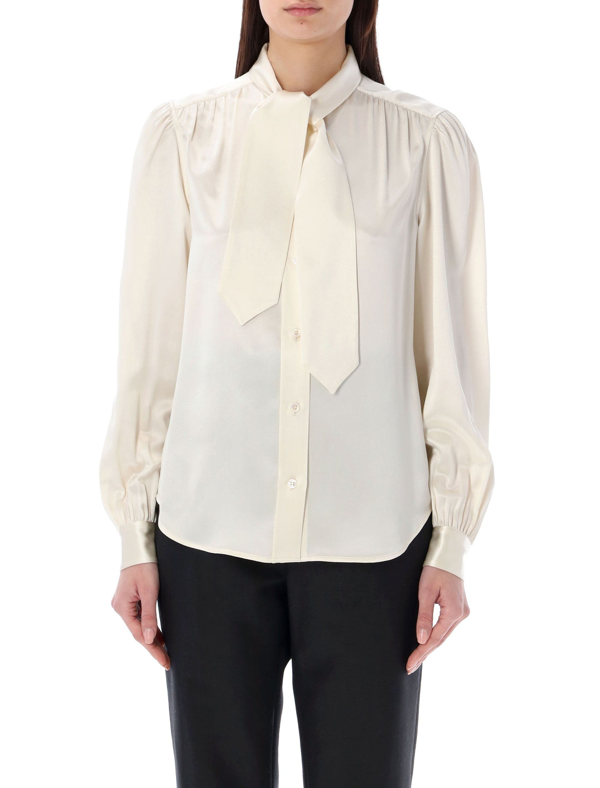 SAINT LAURENT SILK SATIN LAVALLIÈRE-NECK BLOUSE IN WHITE FOR WOMEN