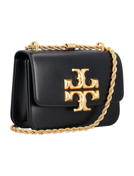 TORY BURCH Eleanor Small Convertible Black Leather Shoulder Bag with Chain Strap and Logo Detail