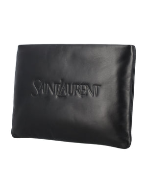 SAINT LAURENT Lambskin Puffy Pouch Handbag for Men - Black SS24
