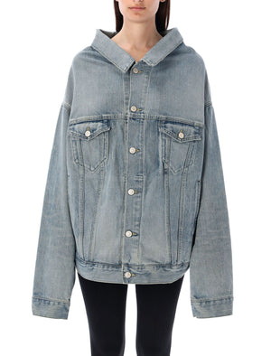 BALENCIAGA Feminine Blue Denim Jacket with Off-Shoulder Design for Women