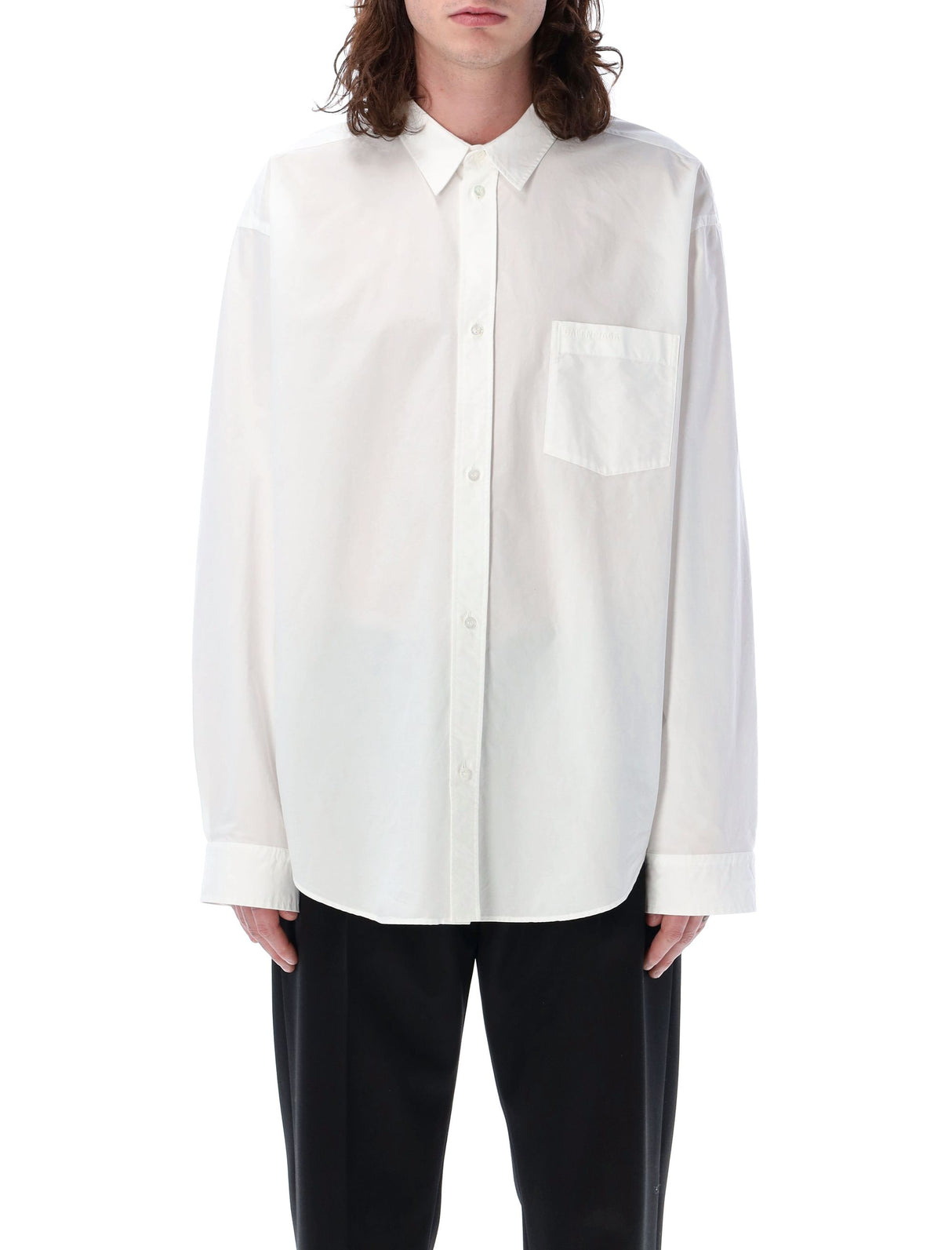 BALENCIAGA White Overshirt for Men with Classic Collar and Tonal Logo Embroidery