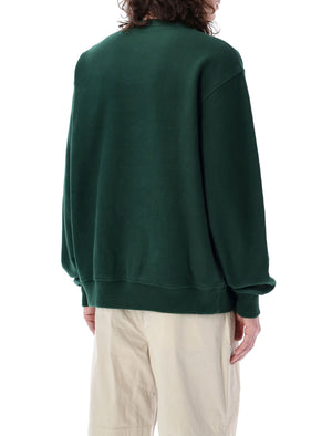 كنزة قطنية للرجال بلون أخضر داكن - مقاس واسع، تصميم بشعار الفارس، أكمام طويلة