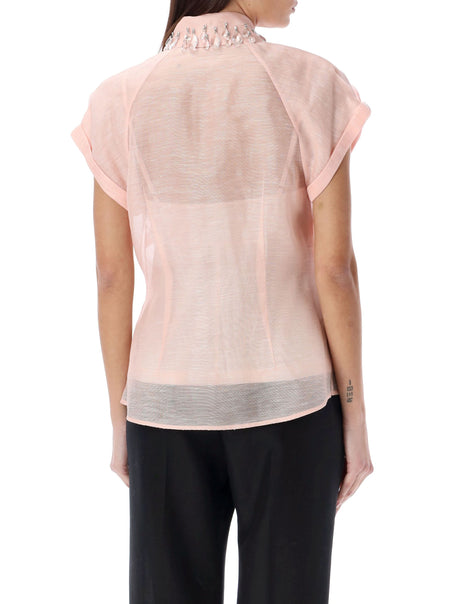 Silk Linen Blouse - Pink Raglan Sleeves with Jewel Trims