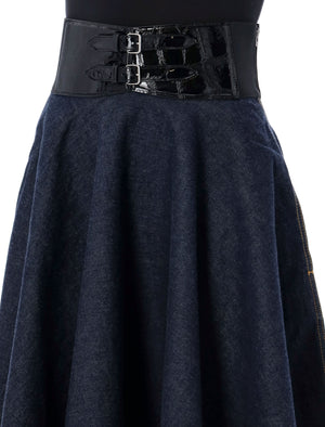 Navy High Waist Denim Skirt with Croco Belt by Alaia