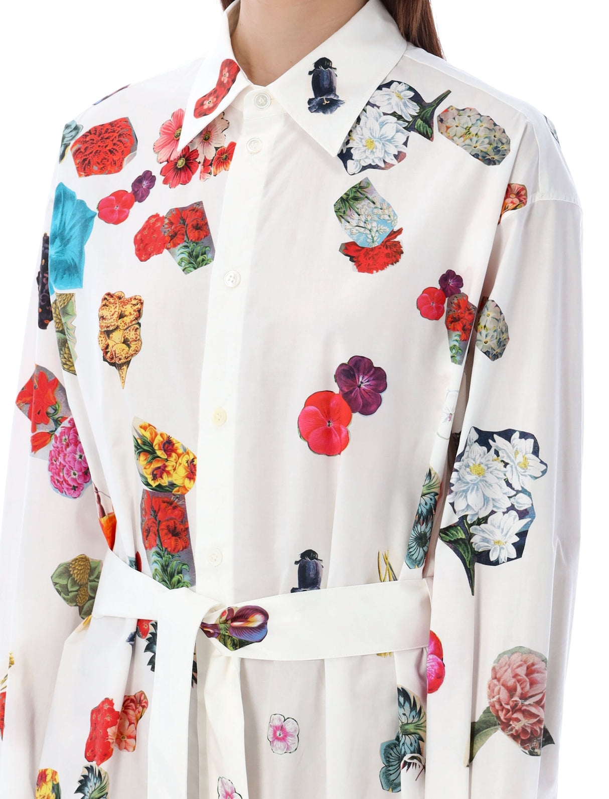 多色花朵棉质衬衫连衣裙，带扣带和长袖