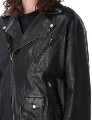 ACNE STUDIOS Stylish Black Leather Biker Jacket for Men - V-Neck, Diagonal Zip Fastening, Multiple Pockets, Zipped Cuffs